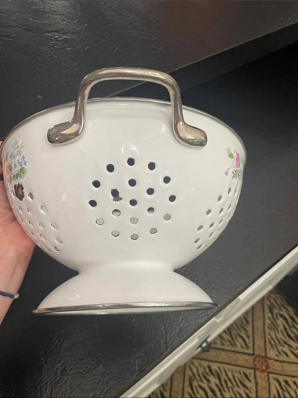 Kobe Colander White Floral Footed Colander with Pink & Purple Flowers 5x11